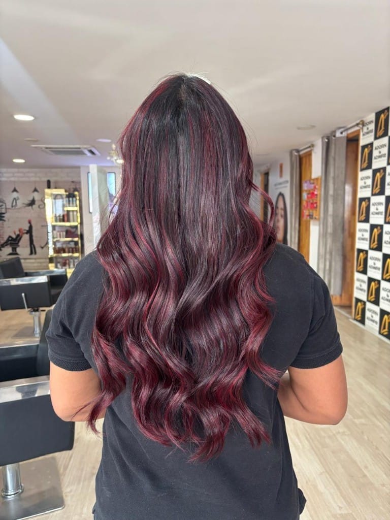Dark brunette with burgundy and plum dimensional highlights