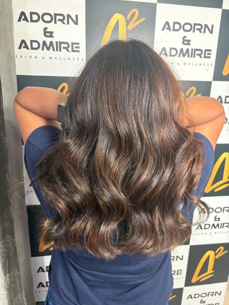 Espresso brown with caramel and copper balayage highlights