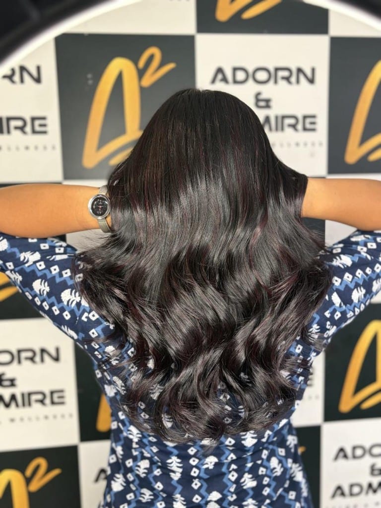 Black base with burgundy mahogany highlights and waves