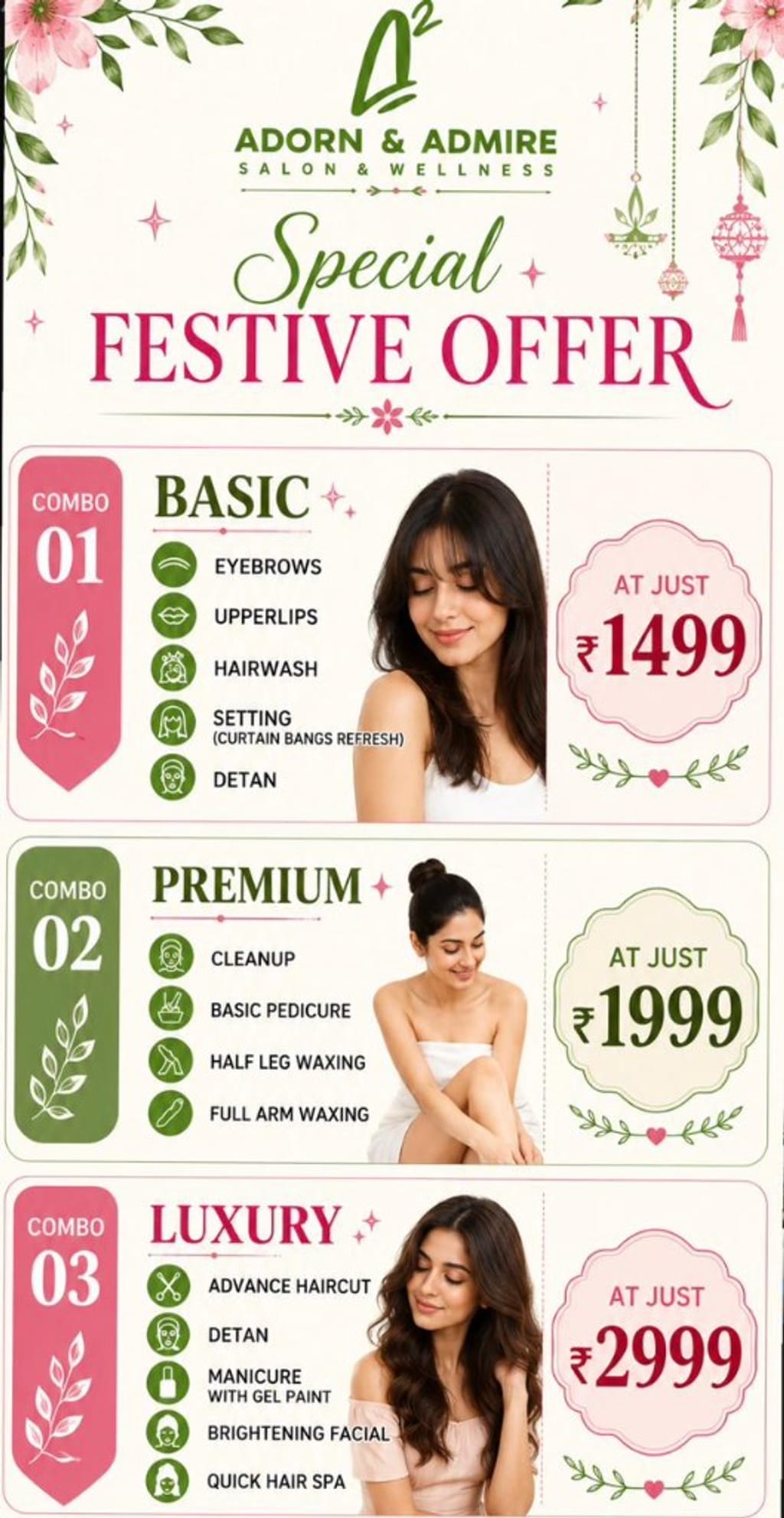 Special festive combos at Adorn & Admire: Basic ₹1,499, Premium ₹1,999, Luxury ₹2,999