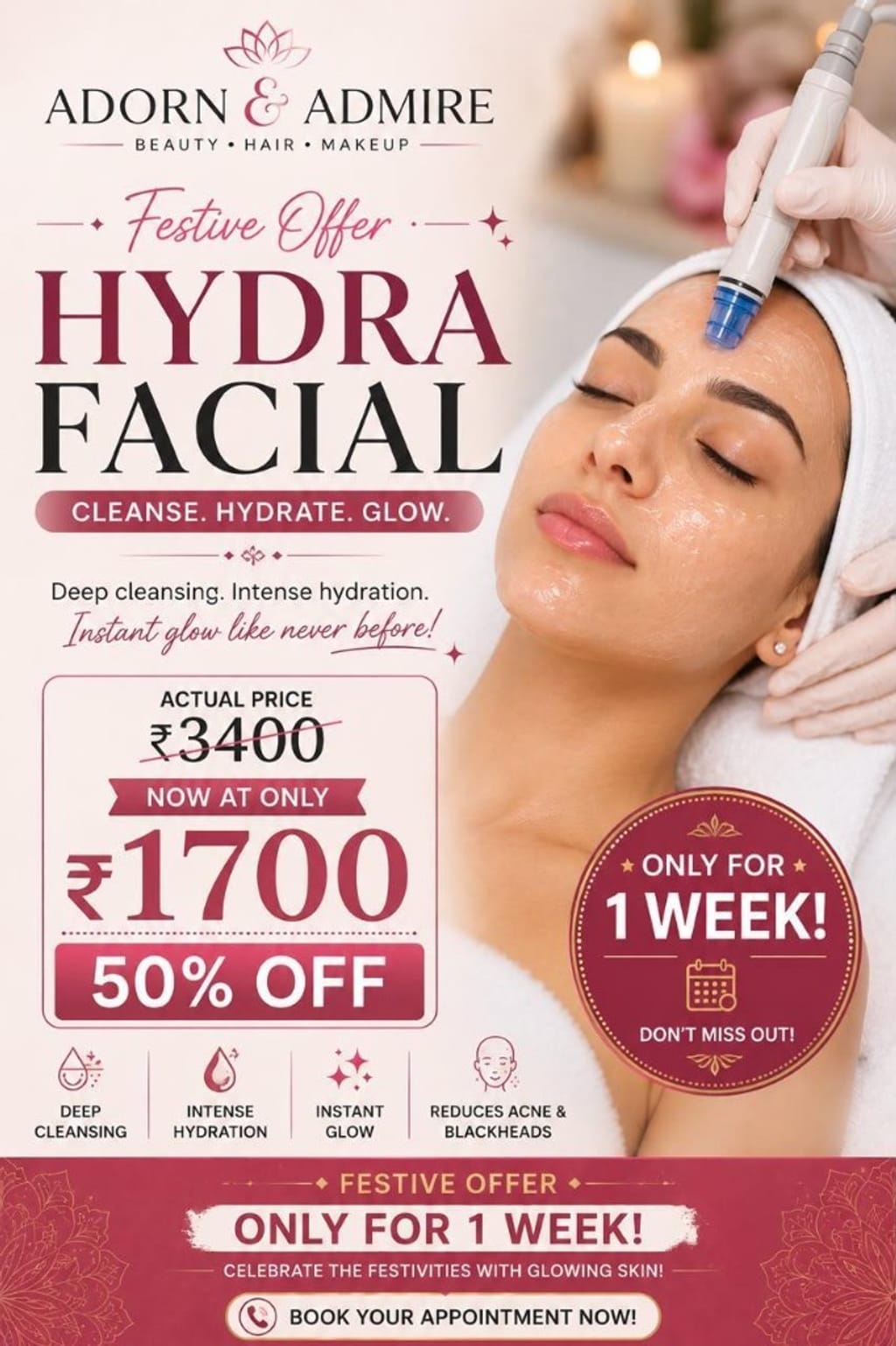 Festive Hydra Facial offer — 50% off, now ₹1,700 at Adorn & Admire, Kalyan Nagar